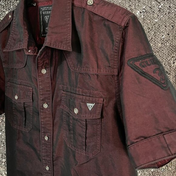 Guess Burgundy Button-up Mens M Fitted Short Sleeve Shirt - Picture 4 of 7